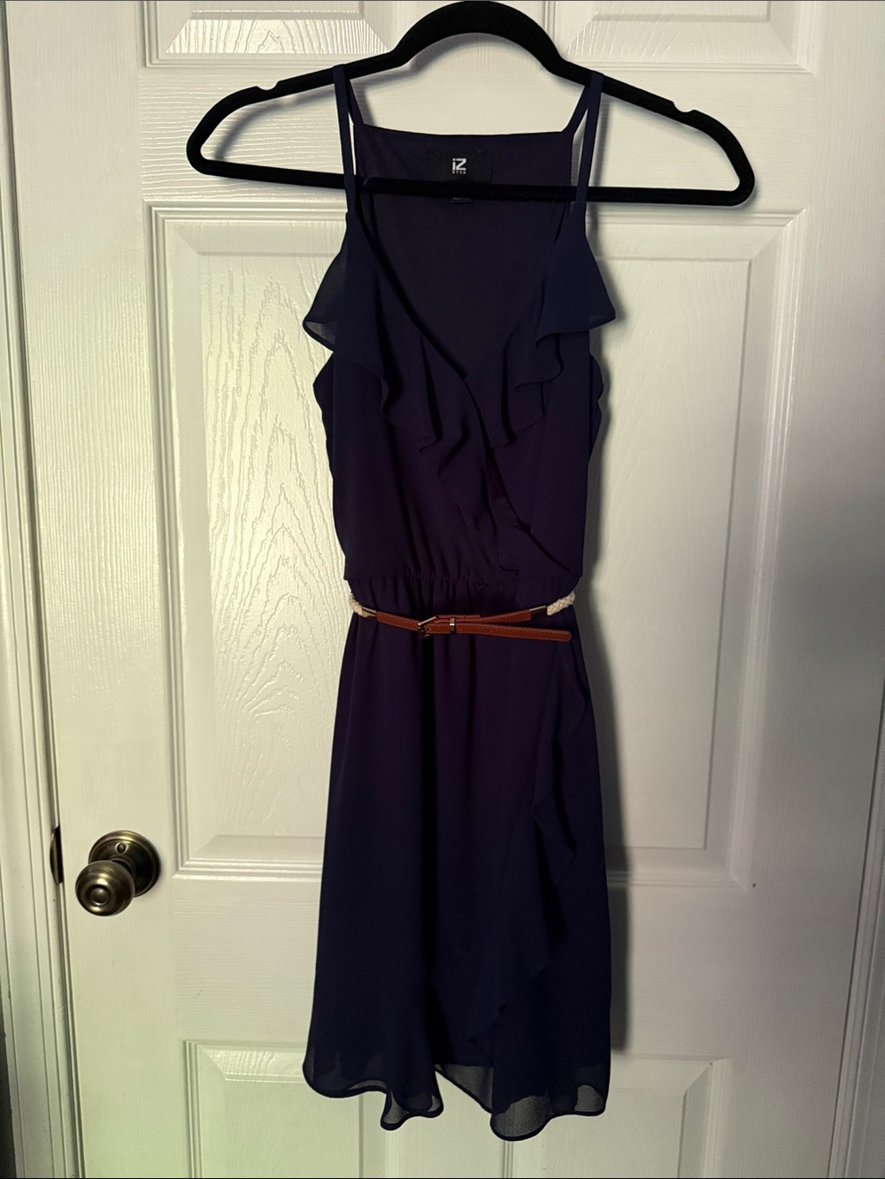 Navy Sleeveless Midi Dress with Brown/Rope Belt